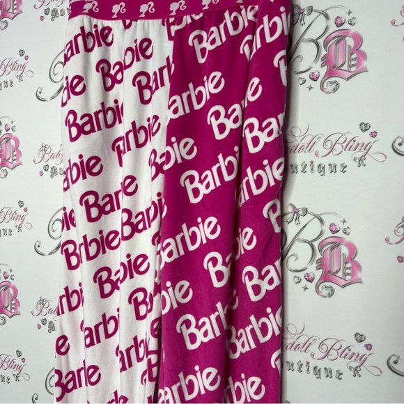 Barbie pants soft velour feel fabric cozy pink white half half one leg different - Picture 3 of 10